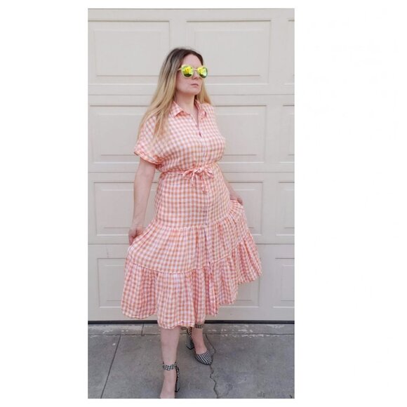 Ralph Lauren Linen Gingham Midi Dress - Picture 1 of 5
